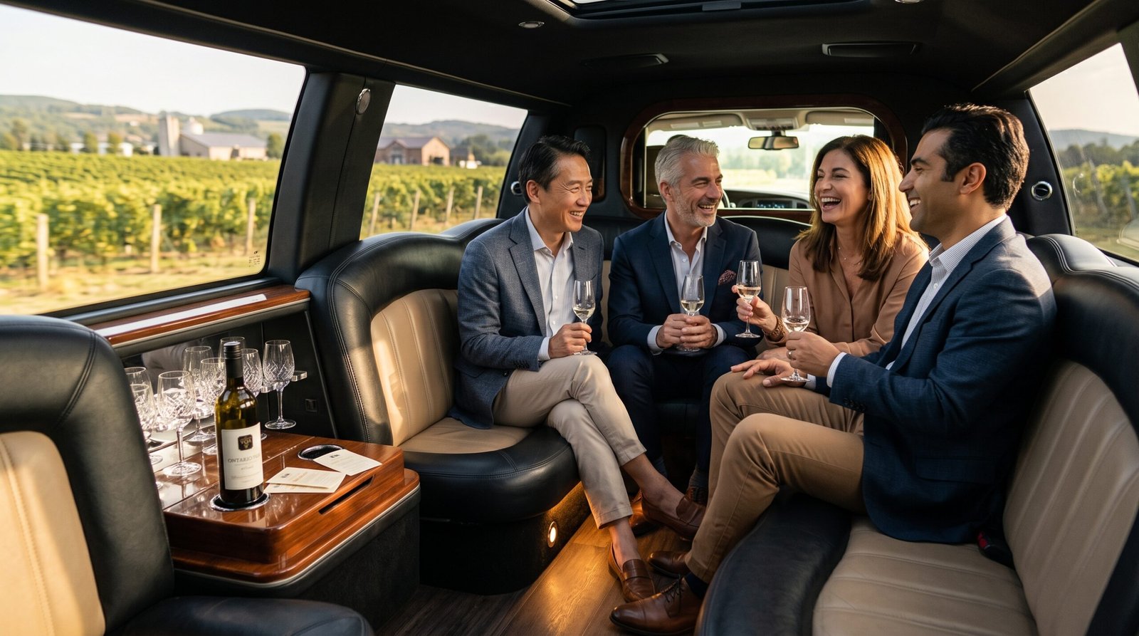 Guests enjoying the best Niagara Falls wine tour limo interior with champagne during a private tasting trip