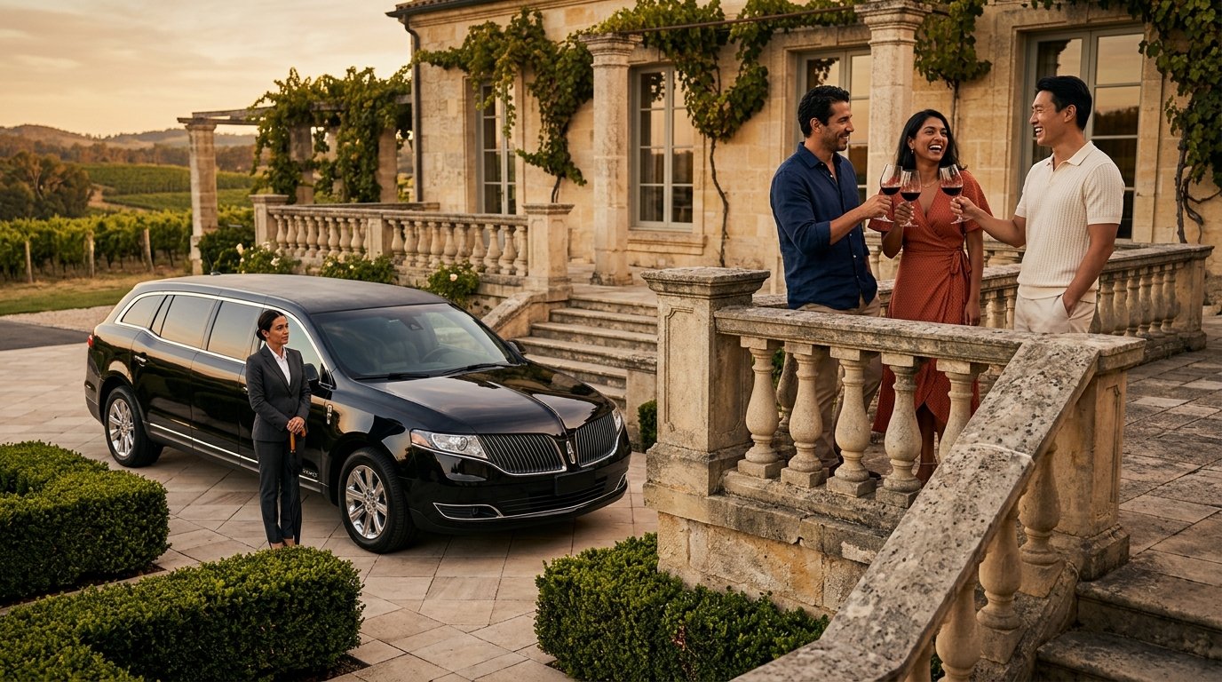 Private group toasting wine on an estate patio with the best Niagara-on-the-Lake winery tour limousine waiting nearby