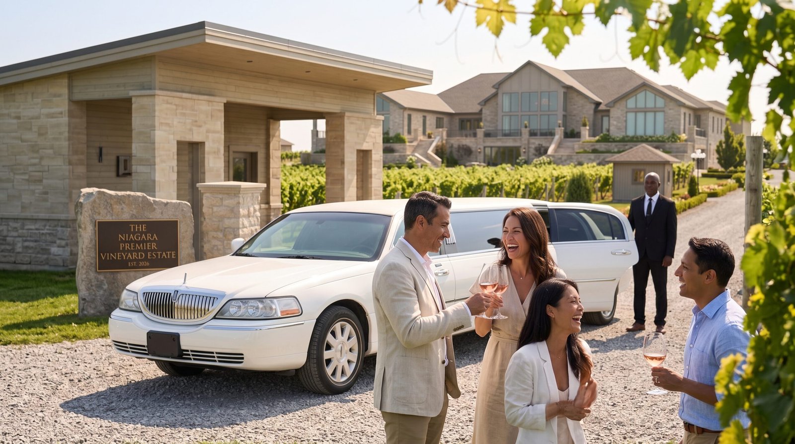 Luxury vehicle parked beside vineyard rows as guests book Niagara Falls wine tour limo service