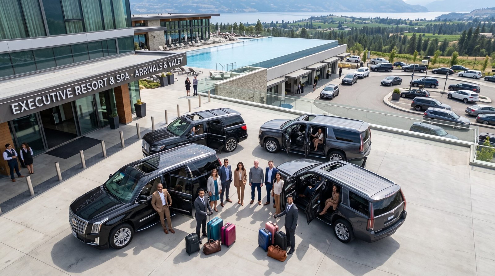 Elegant guests stepping out to hire Niagara Falls wine tour limo services at a winery estate