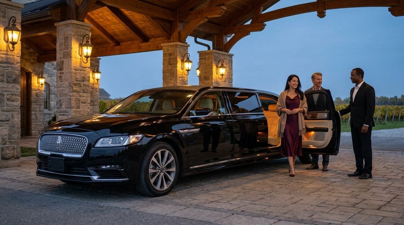 Chauffeur holding the door of a luxury Niagara-on-the-Lake winery tour limousine under an estate porte-cochère