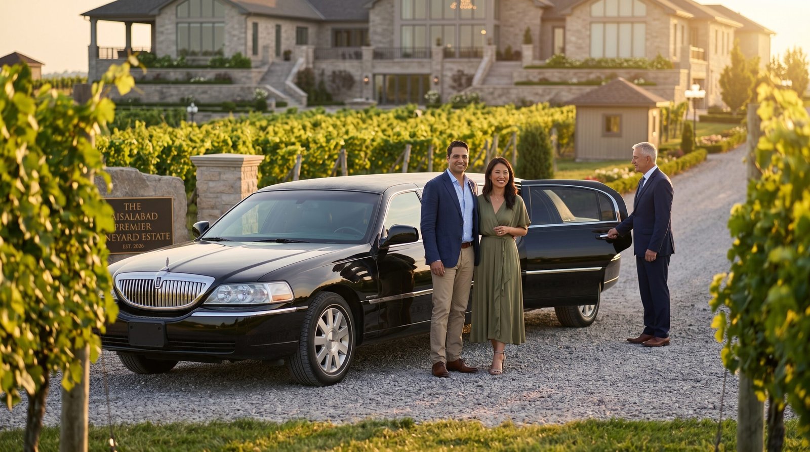 Black Niagara Falls wine tour limo parked near lush vineyard rows at a private estate