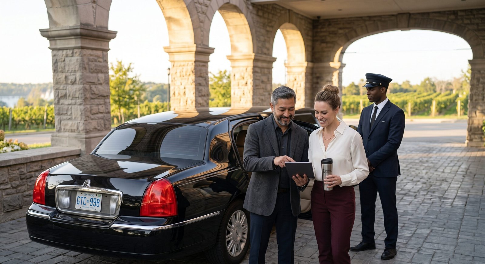 Chauffeur greeting guests who completed a Niagara Falls wine tour limo online reservation outside a luxury hotel