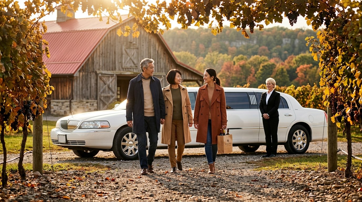 Guests walking toward a Niagara-on-the-Lake winery tour limousine along a gravel estate vineyard path