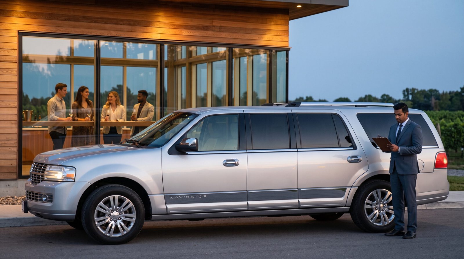 Professional chauffeur standing beside a Niagara wine tour limo outside a boutique estate cellar