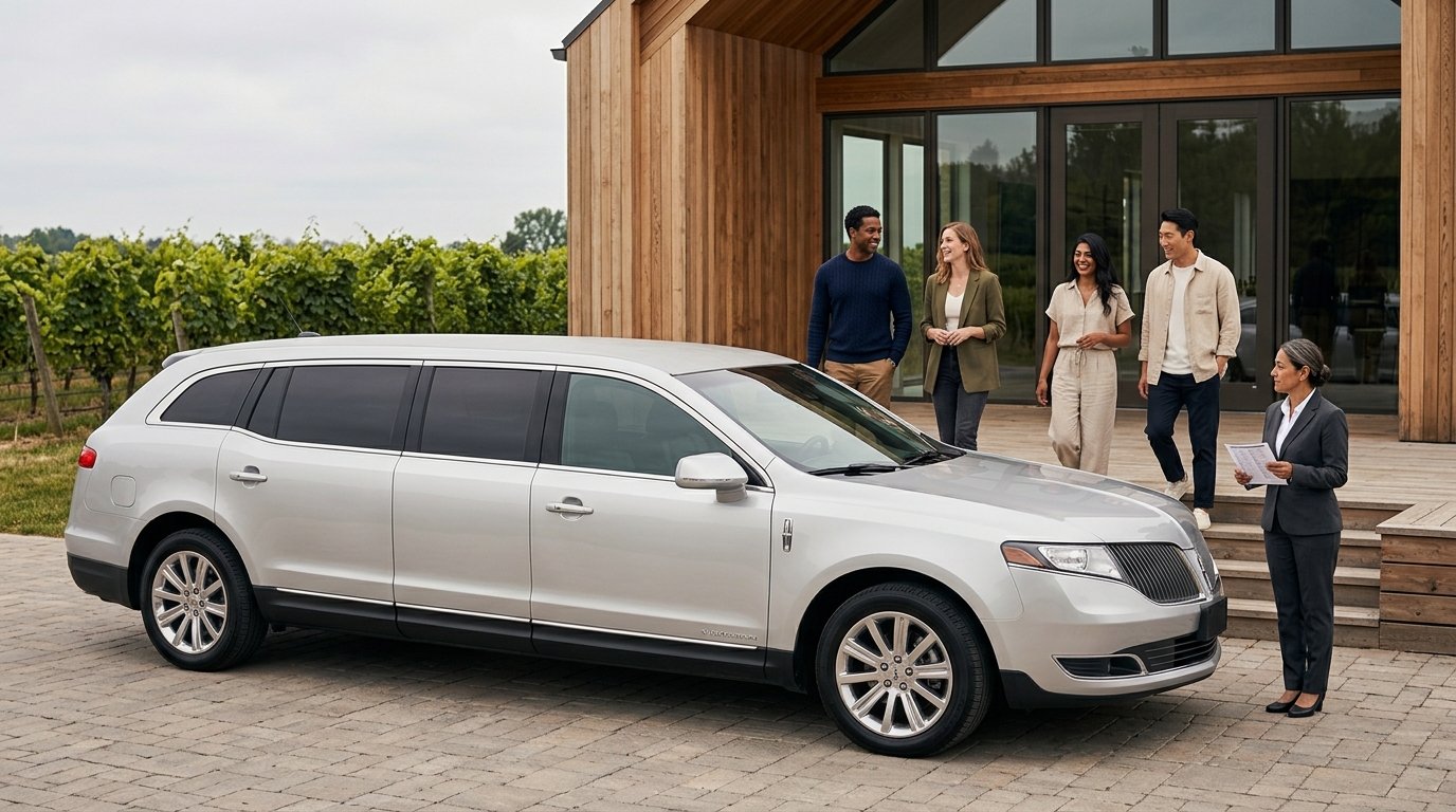 Affordable NOTL wine tour limo parked in a vineyard courtyard with guests arriving for a private tasting