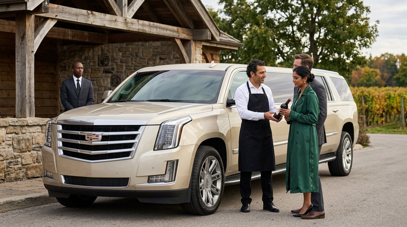 Sommelier presenting vintage wine to guests beside a NOTL winery limo at an estate vineyard