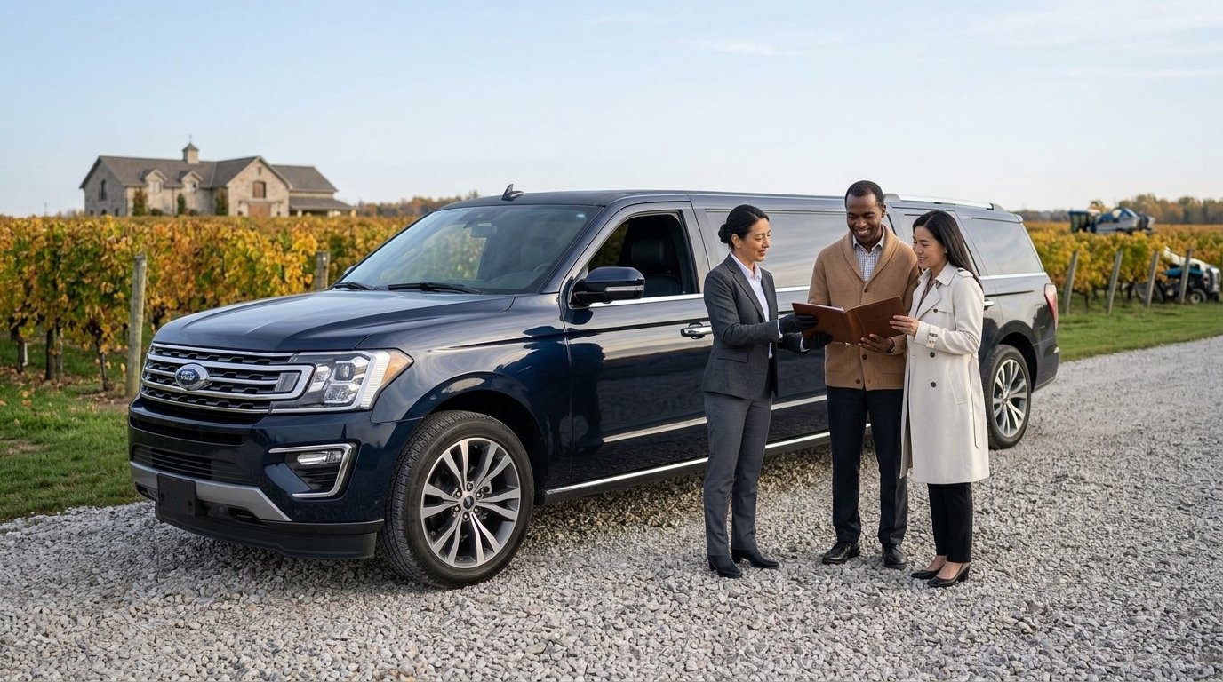 Chauffeur reviewing an estate itinerary clipboard beside a luxury stretch limousine at a vineyard entrance