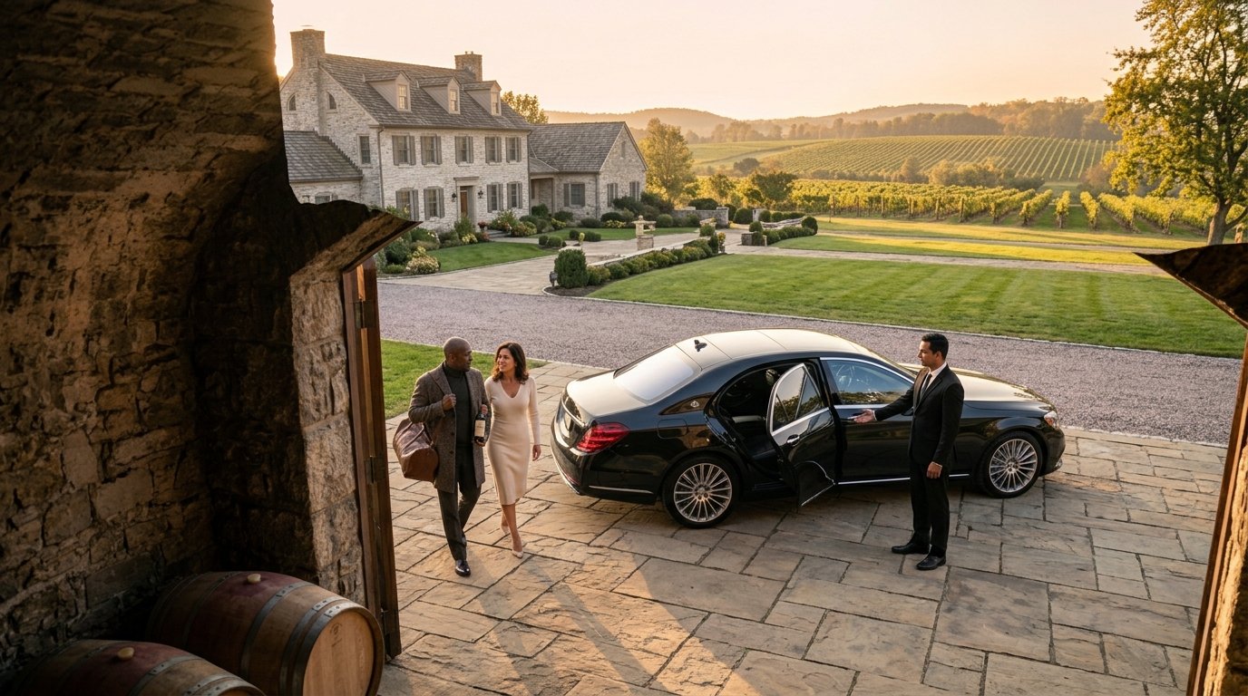 Couple departing an exclusive barrel cellar towards a waiting private wine tasting limo Niagara service