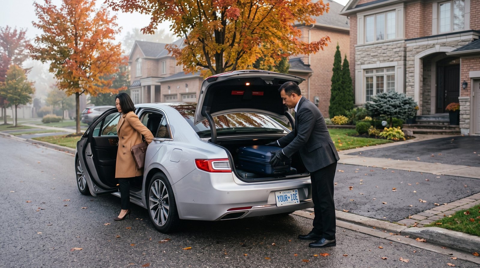 Driver assisting a commuter into an affordable Thornhill to Pearson limo on a residential driveway