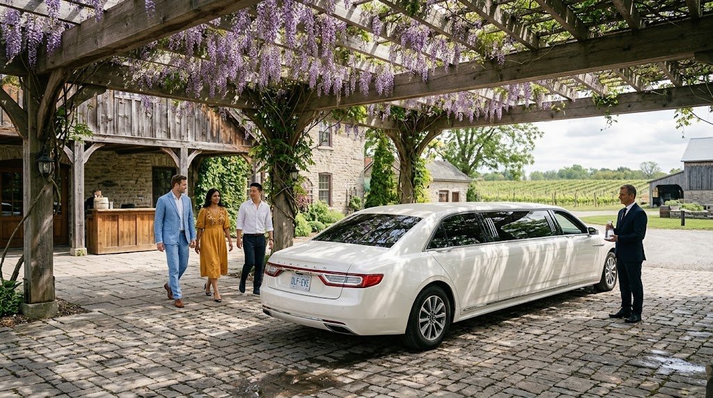 Guests stepping towards an outdoor tasting pergola from the best private wine tasting limo Niagara service
