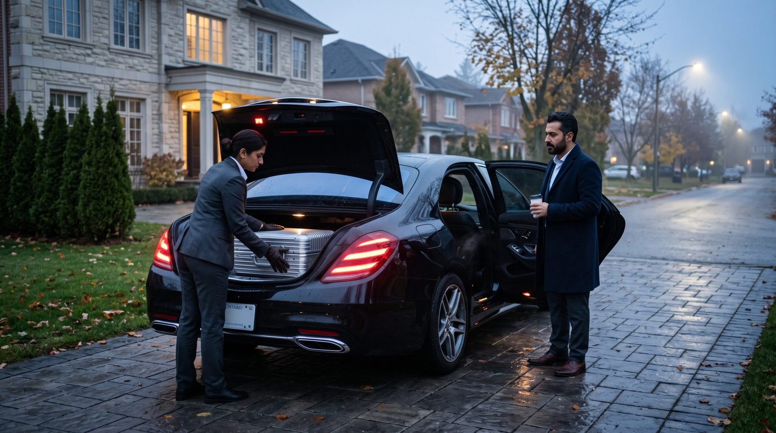 Chauffeur loading luggage into the best Thornhill to Pearson limo outside a stone residence at dawn