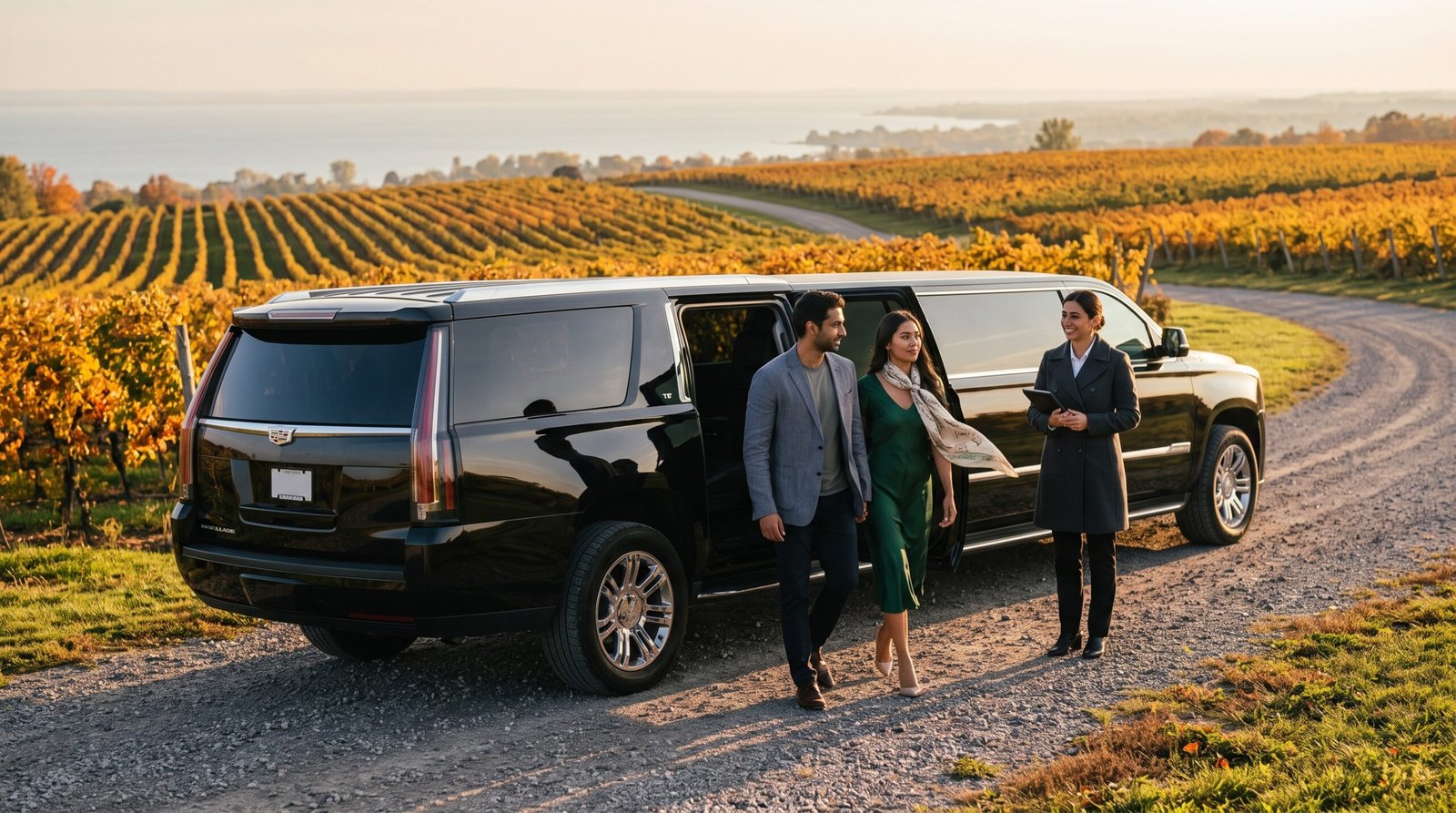 Guests stepping out after deciding to hire private wine tasting limo Niagara transport at a hillside estate