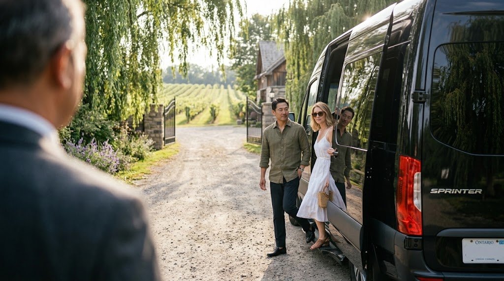 Couple stepping past an open door to review private wine tasting limo Niagara prices with their driver